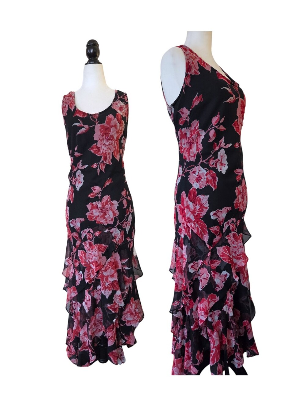 Vintage Sleeveless Black/Red Floral Ruffle Maxi Dress - Size Large